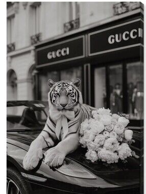 Design District Gucci White Tiger with Floral Bouquet Luxury Canvas Wall Decor